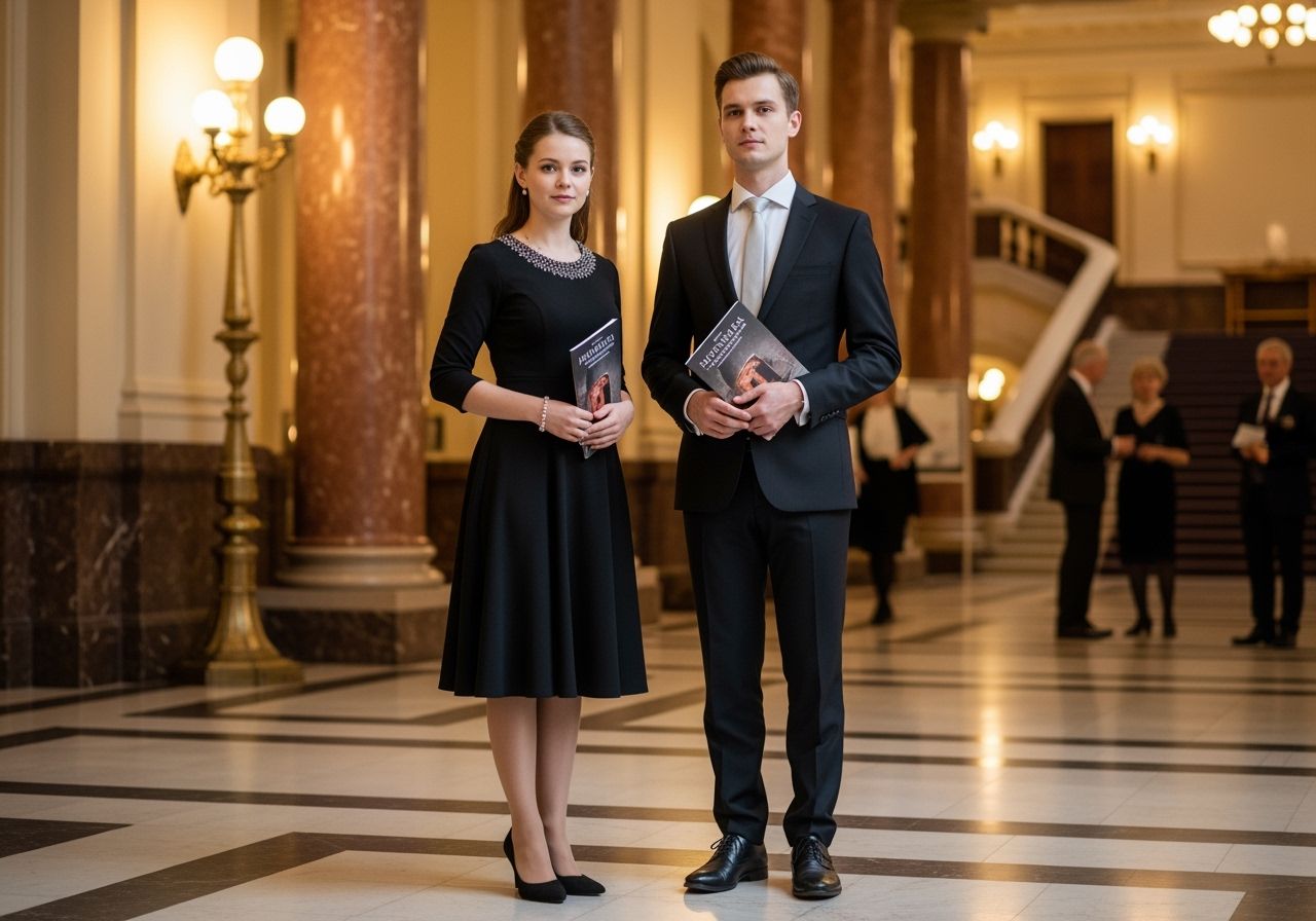 Mladý pár v elegantním oděvu v lobby koncertní síně držící programy koncertu.