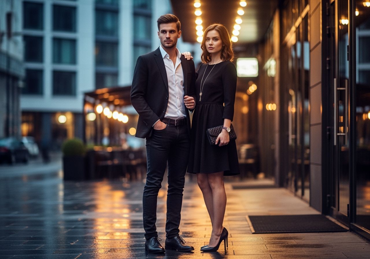 Mladý pár před barem večer, elegantní oblečení, městské prostředí a teplé osvětlení