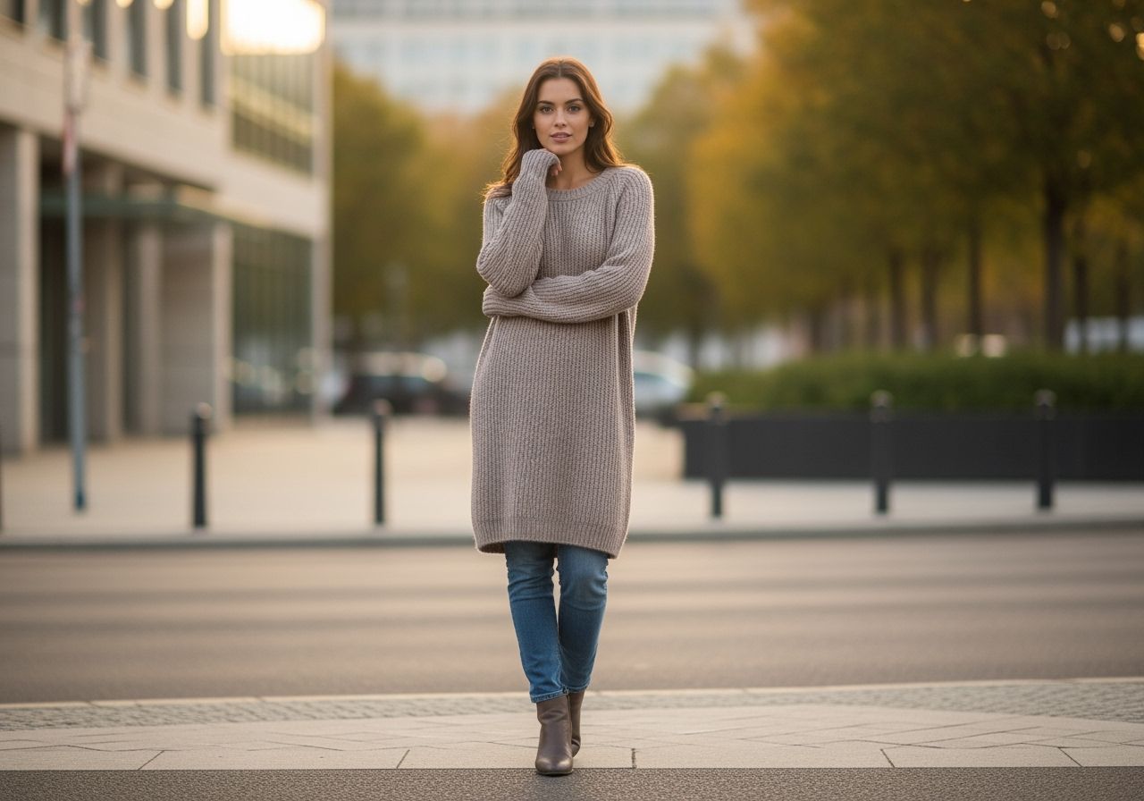Stylová žena v pleteném svetru a džínách stojí na ulici za zlaté hodiny s městskou architekturou v pozadí