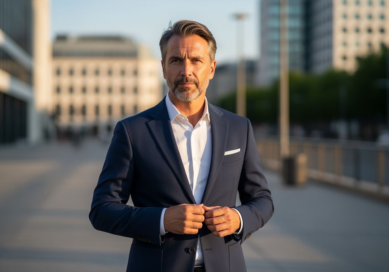 Stylový muž v tmavě modrém saku a bílé košili ve městě za zlaté hodiny.