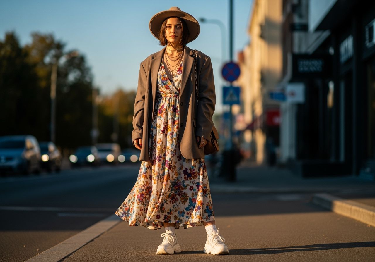 Stylová žena ve městě během zlaté hodiny v květinových šatech, oversized blejzru a bílých teniskách.