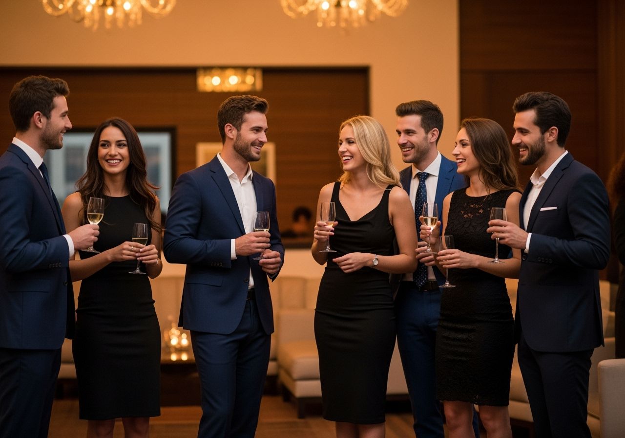 Mladí profesionálové na firemní párty v elegantním prostředí s nápoji a přátelskými výrazy.