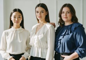 Tři ženy různého typu postavy v halenky s volány ve světlém minimalistickém prostředí