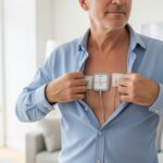 Středně věk muž upravuje košili přes Holter EKG monitor v moderním obývacím pokoji.