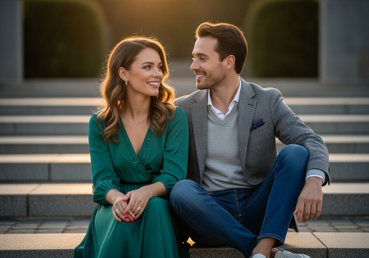 Mladý pár v módním oblečení na venkovním městském místě za zlaté hodiny s rozostřeným pozadím.