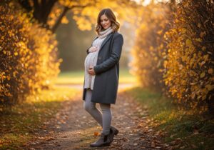 Těhotná žena ve venkovním podzimním oblečení drží bříško, obklopena listím a teplým světlem.