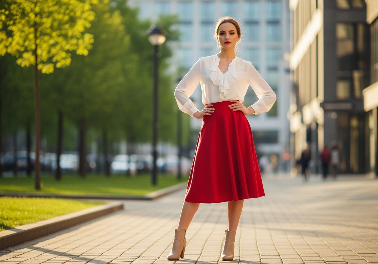 Mladá žena v červené sukni a bílé blůze stojí na slunečné městské ulici s rozostřeným pozadím