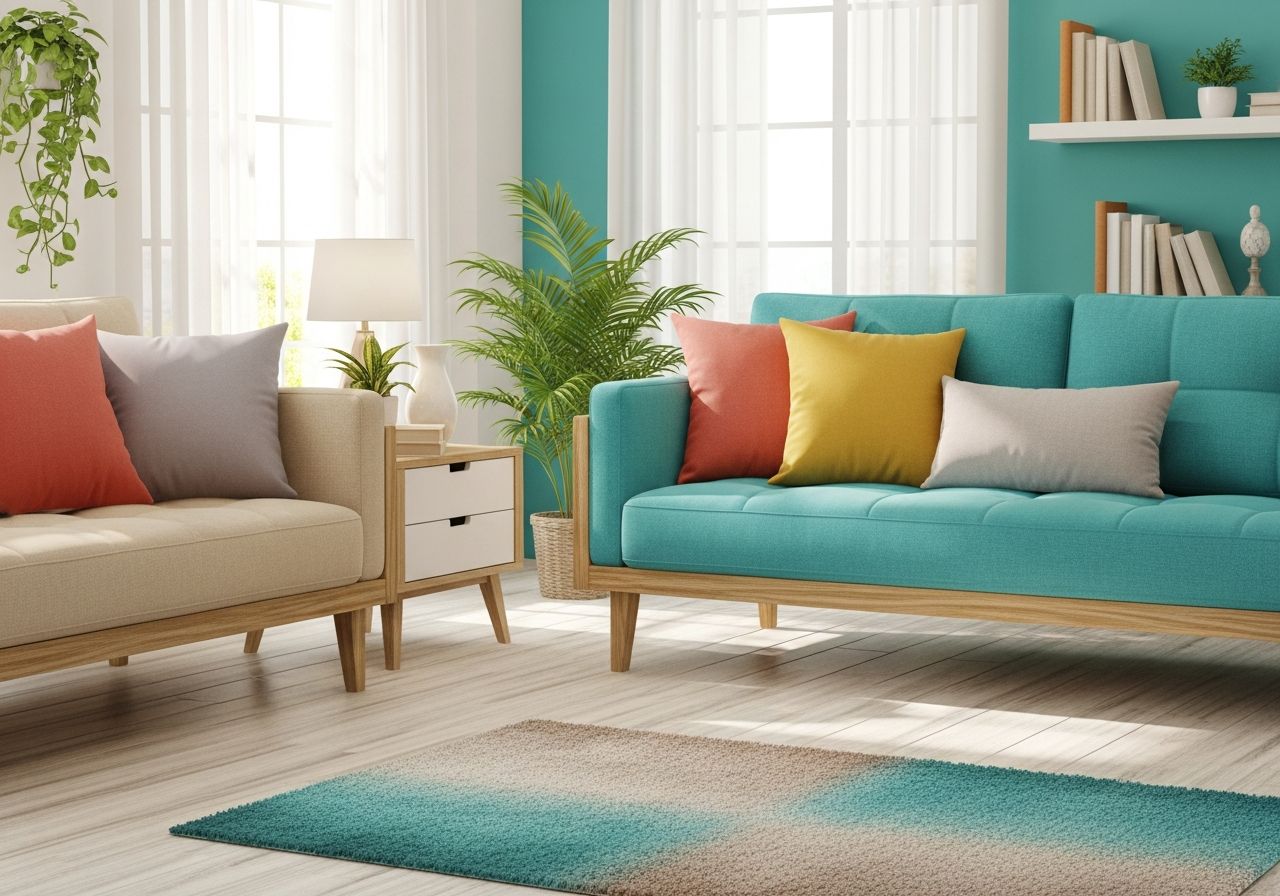 Moderní obývací pokoj s tyrkysovou pohovkou, dřevěným nábytkem a zelenými rostlinami při denním světle