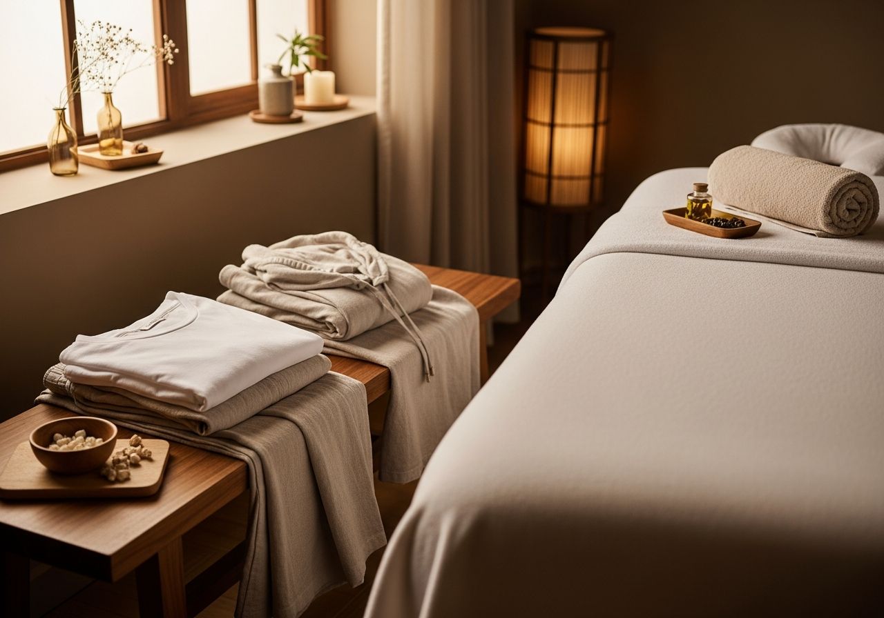 Klidná spa místnost s pohodlným oblečením a masážním stolem v přírodním světle