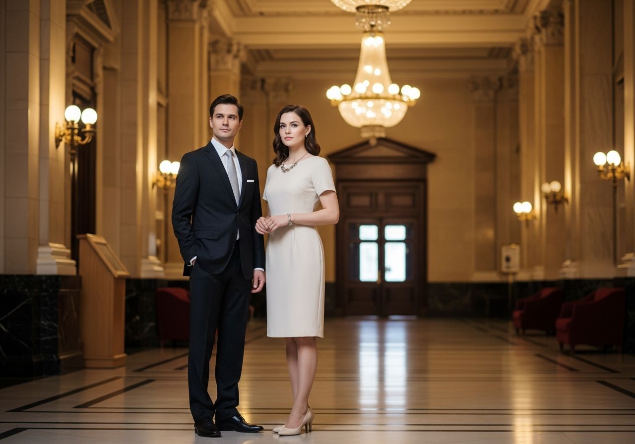 Muži a ženě v elegantním večerním oblečení v lobby koncertní síně před hudebním vystoupením
