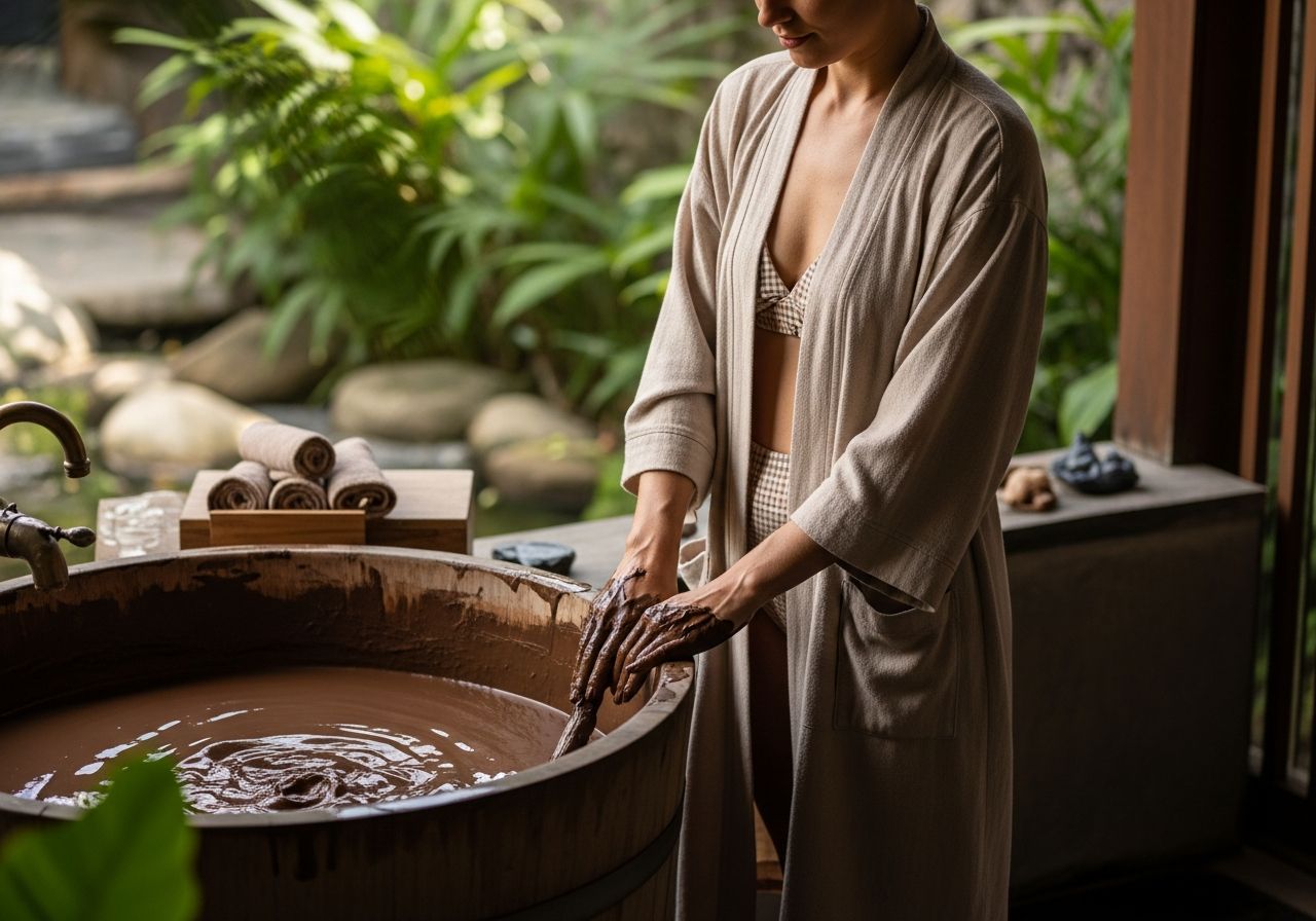 Žena v lehkém županu u dřevěné vany s bahnem v klidném venkovním prostředí spa