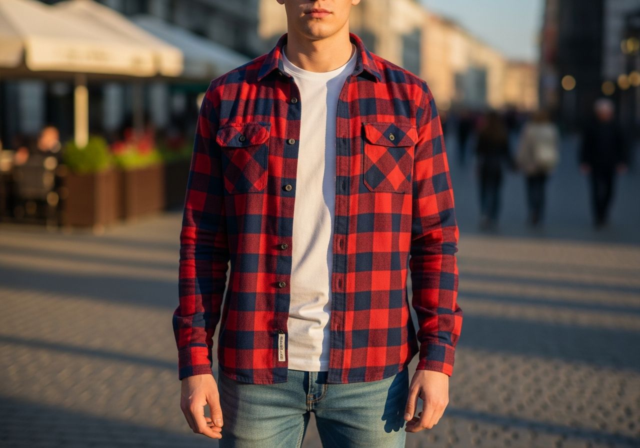 Mladý muž v červené a modré kostkované košili stojí na rušné městské ulici za zlaté hodiny.