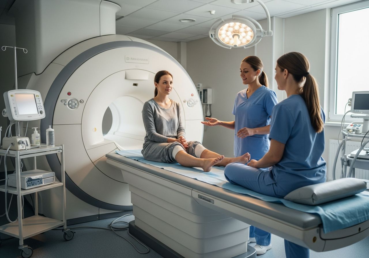 Pacient sedí na vyšetřovacím stole v místnosti MRI, zdravotník vysvětluje postup vyšetření kolena.