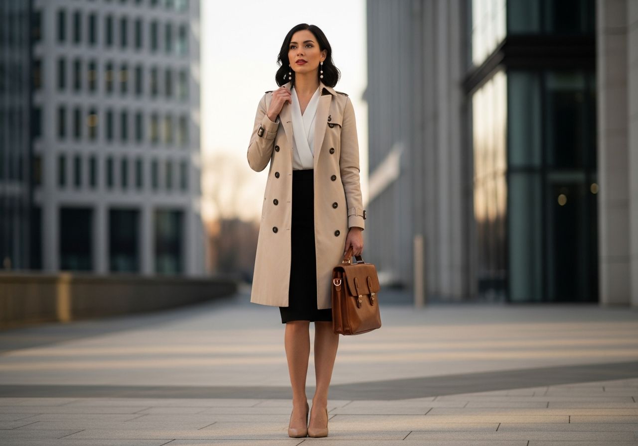 Žena v béžovém trenčkotu s koženou aktovkou na městském pozadí za zlaté hodiny