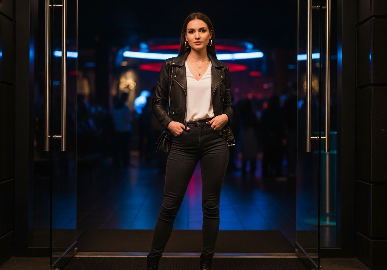 Mladá žena v kožené bundě stojí před nočním klubem s rozmazanými světly a lidmi v pozadí.