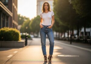 Mladá žena v boyfriend džínách a bílém tričku pózuje na městské ulici za zlaté hodiny