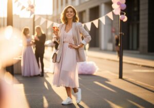 Mladá žena s růžovým vínem v městském prostředí během zlaté hodiny oslavuje rozlučku se svobodou