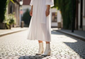 Stylová žena v bílých šatech a kožených kotníkových botách stojí na slunečné dlážděné ulici.