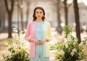 Mladá žena v pastelovém oblečení stojí venku v parku obklopená květinami a zelení.