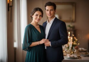 Stylový pár na výročí v útulném interiéru s jemným osvětlením a slavnostně prostřeným stolem.