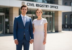 Mladý pár držící se za ruce před moderní matrikou za slunečného dne v městském prostředí