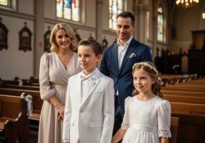 Rodina připravující se na první svaté přijímání v kostele s dětmi v bílém oděvu.
