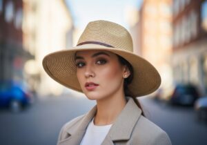 Stylová žena s kloboukem v městském prostředí, přirozené světlo, detailní textura klobouku.