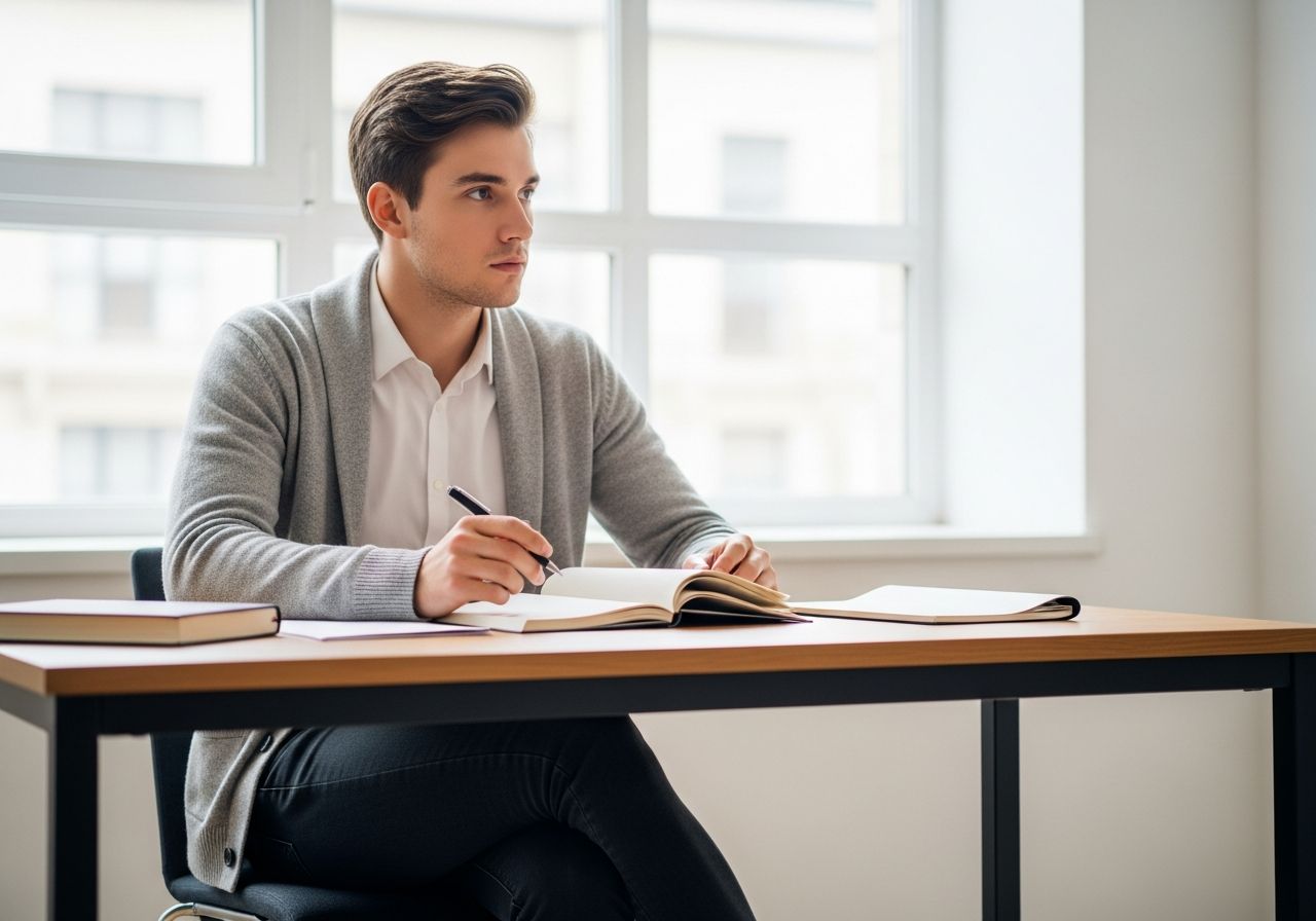 Student sedí u stolu, drží pero a dívá se na otevřený sešit v světlé studovně.