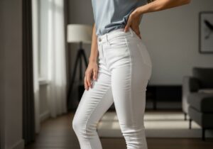 Žena v bílých kalhotách a světlejší halence v moderním obývacím pokoji s přirozeným světlem