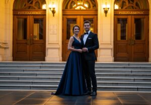 Elegantní pár před vstupem do filharmonie večer, podél mramorových schodů za mírného deště.