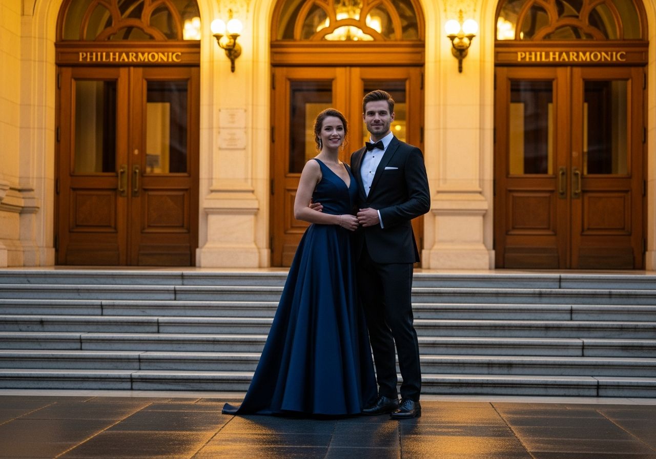 Elegantní pár před vstupem do filharmonie večer, podél mramorových schodů za mírného deště.