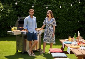 Muž a žena u grilu na zahradě během letního barbecue, obklopeni zelení a světelnými řetězy.