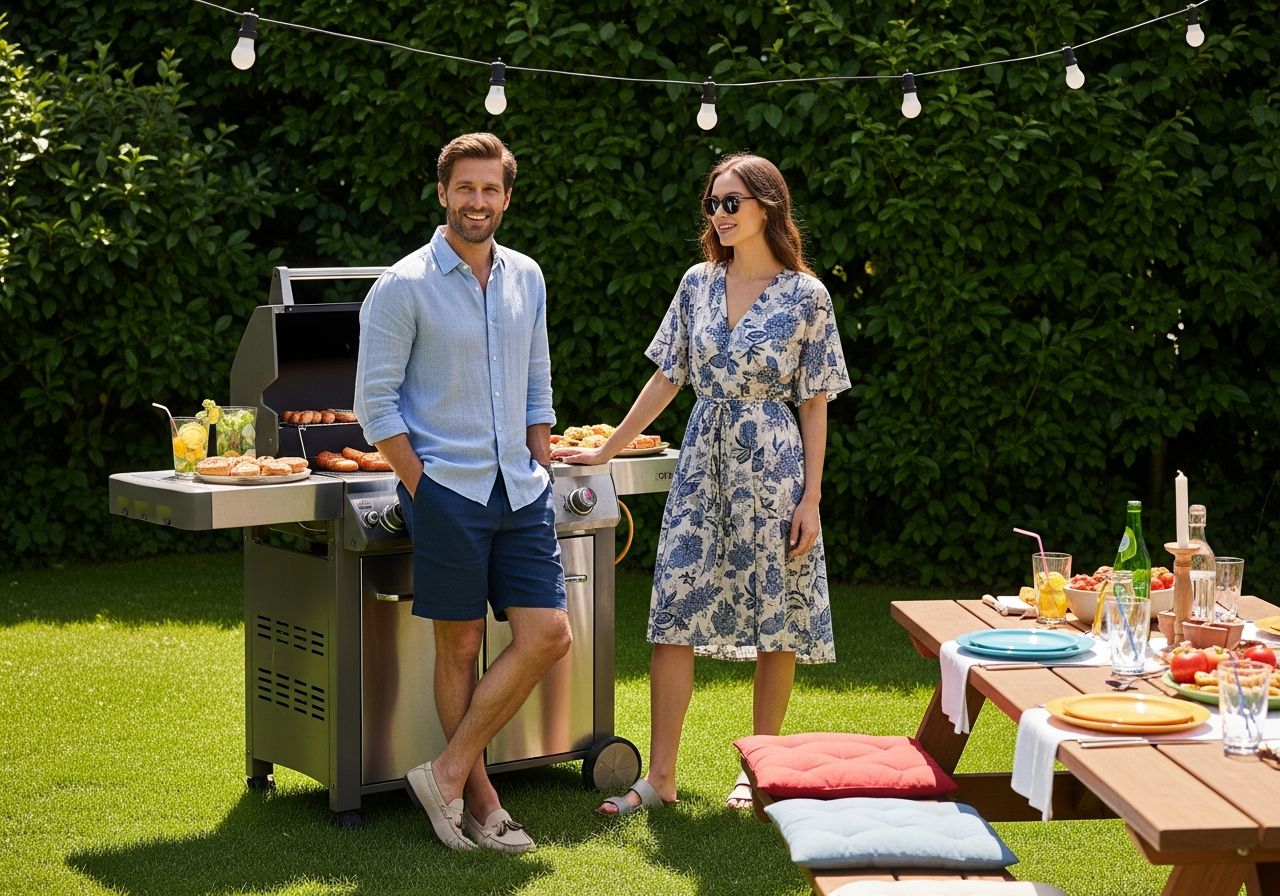 Muž a žena u grilu na zahradě během letního barbecue, obklopeni zelení a světelnými řetězy.