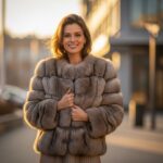 Žena v kožešinovém kabátu a šatech stojí venku za zlaté hodiny s rozostřeným městským pozadím.