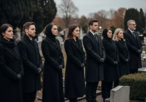 Lidé v černé u hrobu na hřbitově při soumraku v tichém rozjímání