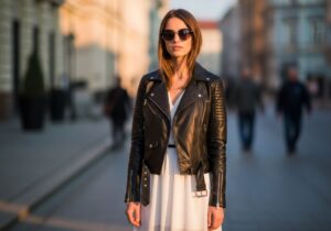 Mladá žena v černé kožené motorce stojí na městské ulici za zlaté hodiny ve městském stylu