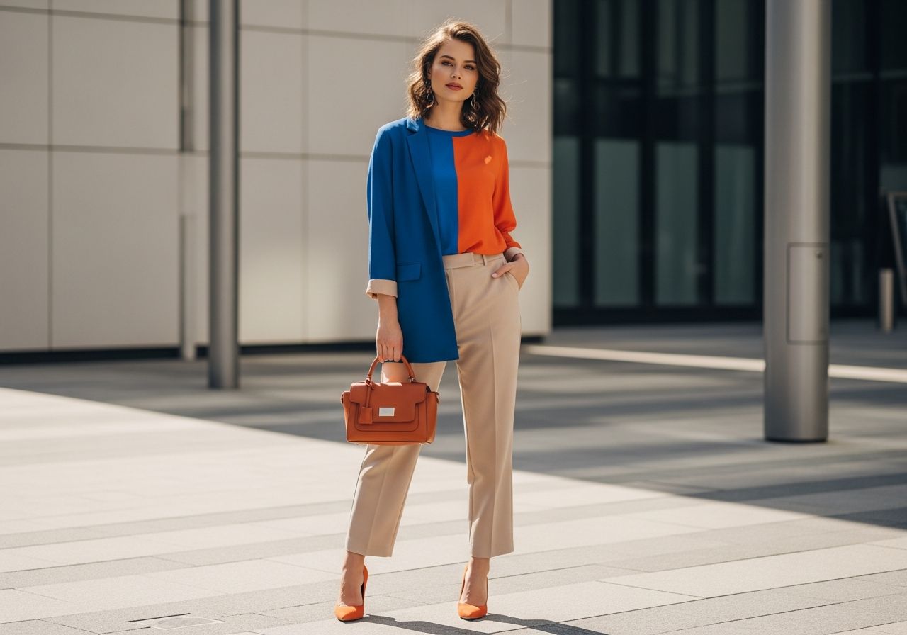 Mladá žena v městském prostředí s barevným outfitem a koženou kabelkou, přirozený vzhled, denní světlo
