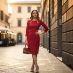 Módní žena v červených šatech na dlažební ulici v italském městě při zlaté hodině