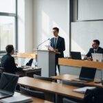 Student v formálním oblečení obhajuje diplomovou práci před komisí v posluchárně univerzity.