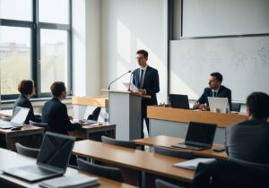 Student v formálním oblečení obhajuje diplomovou práci před komisí v posluchárně univerzity.