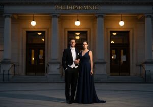 Stylově oblečený pár před historickou filharmonií za soumraku s teplým osvětlením a detailní architekturou