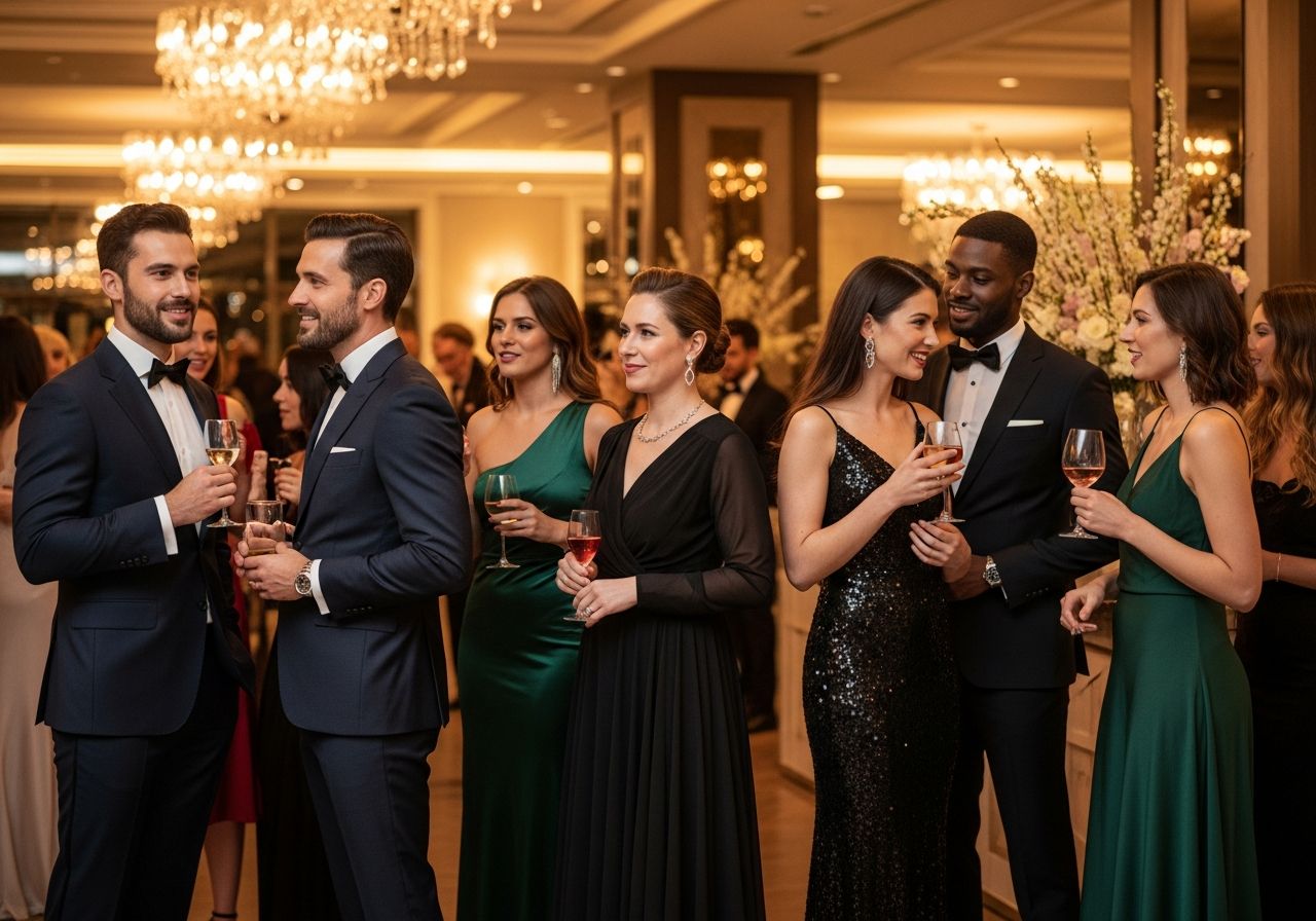 Skupina lidí v elegantním oblečení na večírku uvnitř, vedoucí živou konverzaci s nápoji v ruce