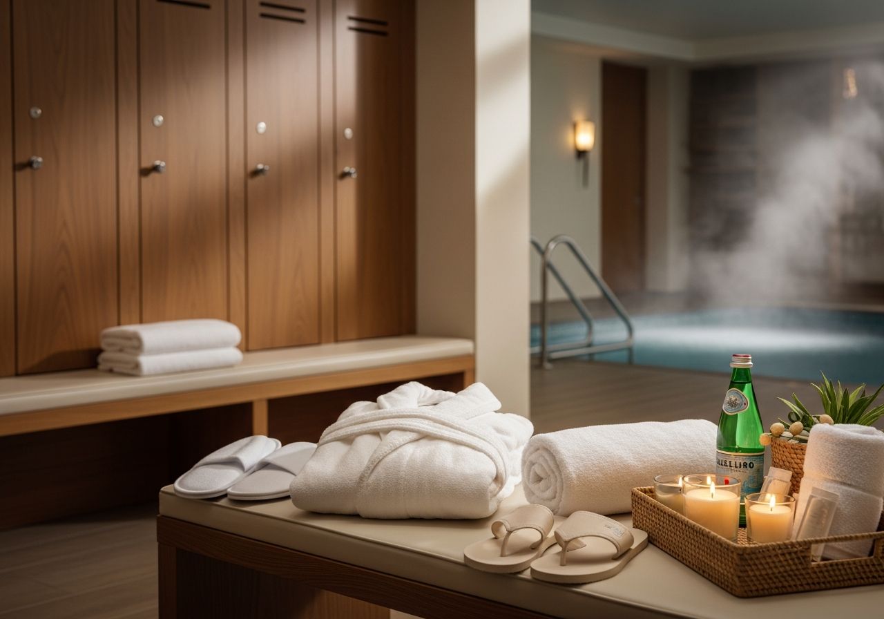 Fotorealistická šatna hotelového spa s dřevěnými skříňkami, župany, pantoflemi a výhledem na klidný bazén.