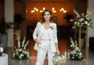 Nevěsta v moderním obleku se svatební kyticí v elegantním interiéru s květinovou dekorací