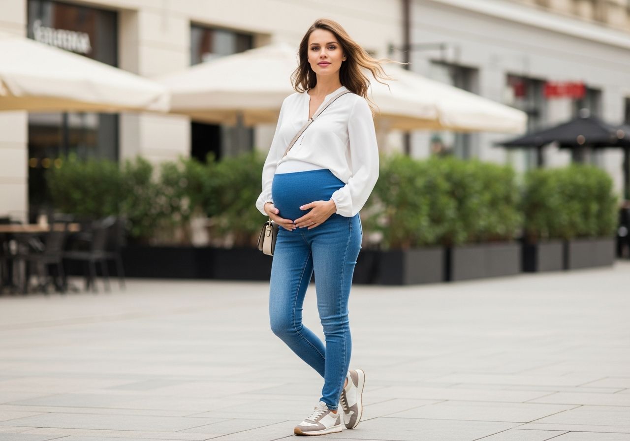 Těhotná žena v bílé blůze a džínách stojí ve městě, drží si bříško, v ruce má kabelku.