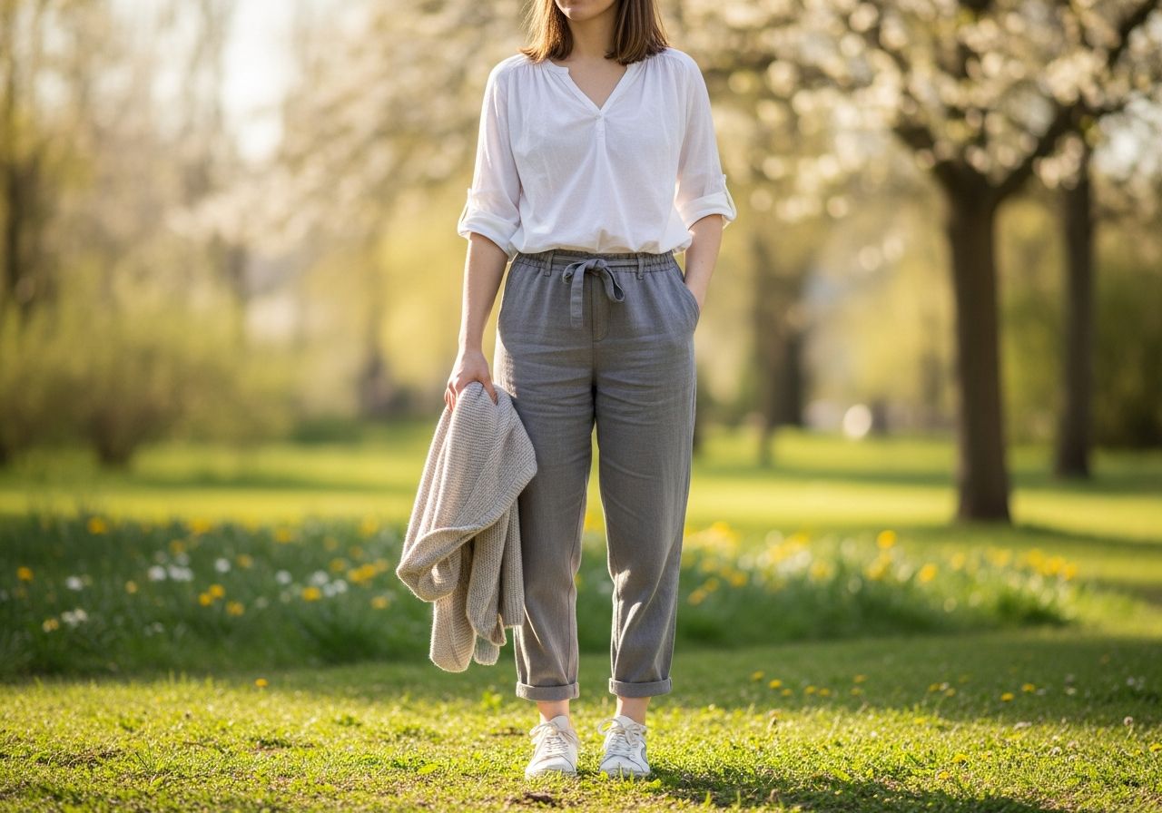 Mladá žena venku na jaře v lehkém oblečení, drží svetr, park v pozadí, slunečný den