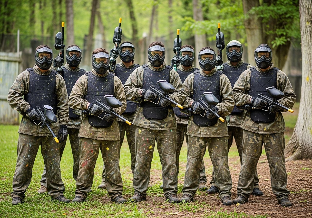 Skupina lidí v paintballovém oblečení s maskami stojí na lesním hřišti připravena k akci.