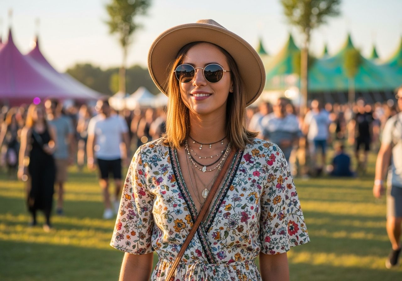 Mladá žena na letním hudebním festivalu s kloboukem, slunečními brýlemi a květinovými šaty v přírodním světle