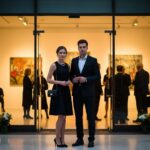 Mladý pár stojí před galerií na večerní vernisáži, oblečený do elegantního kulturního stylu