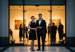 Mladý pár stojí před galerií na večerní vernisáži, oblečený do elegantního kulturního stylu